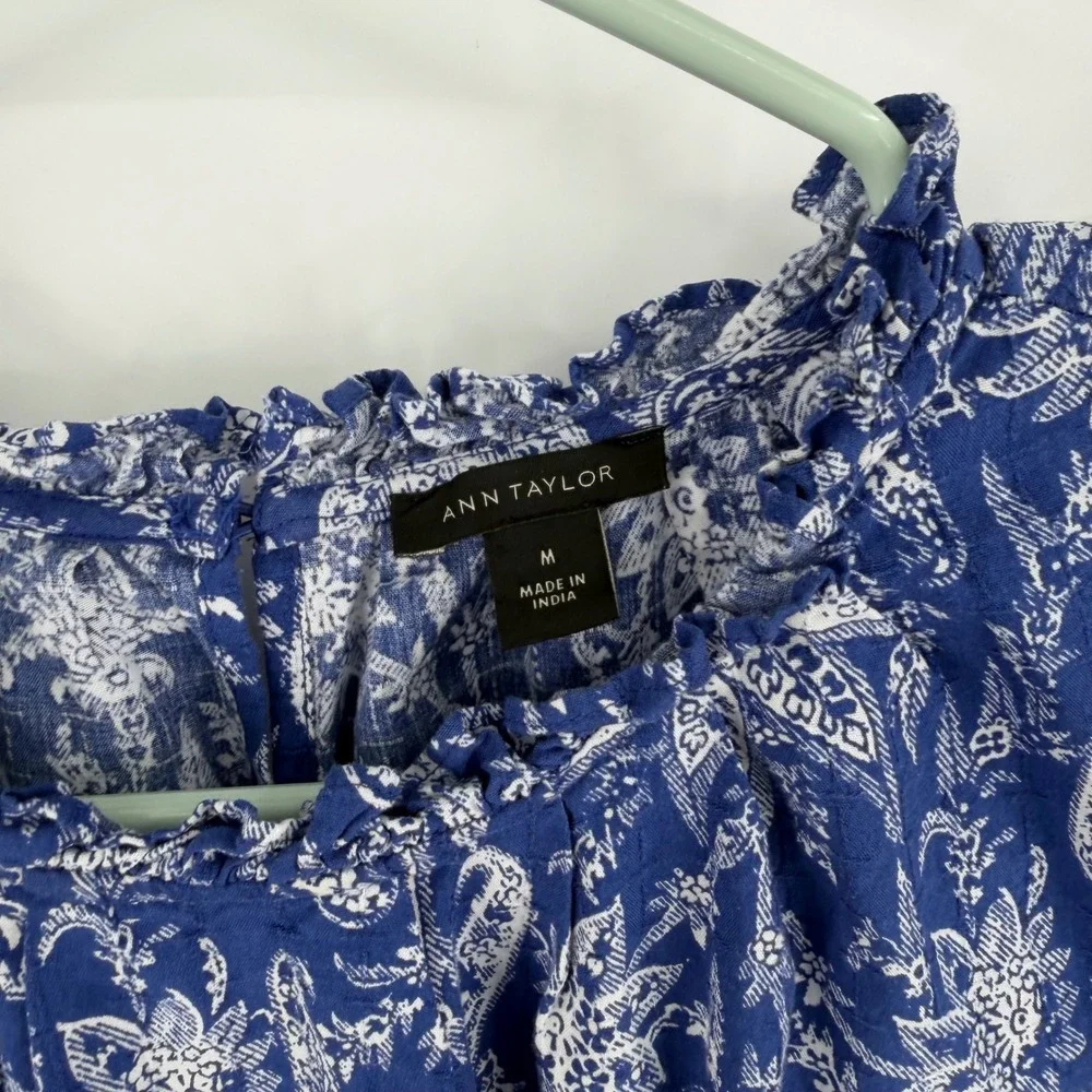 Ann Taylor Dress Womens Medium Blue Paisley Ruffle Sleeve Tiered Cotton Blend - Picture 2 of 7